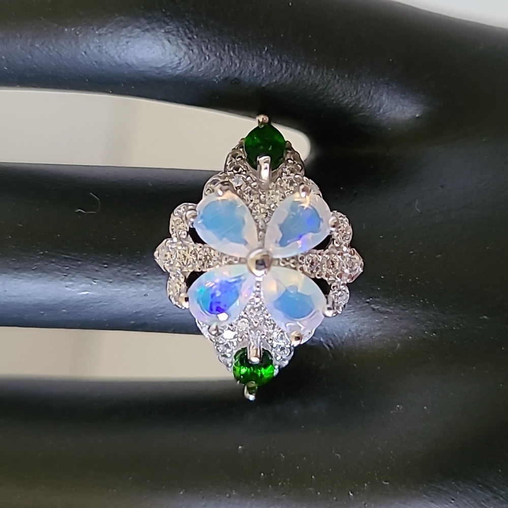 Natural Fire Opal Chrome Diopside .925 Sterling Silver Ring